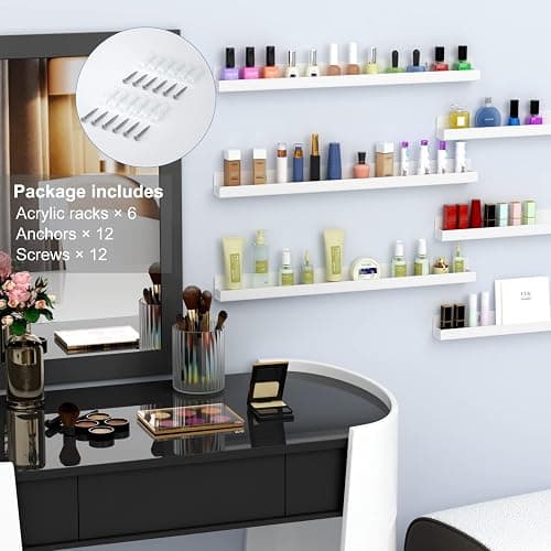 FEMELI Nail Polish Wall Rack, 6 Shelves Acrylic Organizer (15 Inch, White) | Acrylic Nail Polish holder wall for 66-90 Bottles, Multi-Purpose Floating Shelves for Nail Salon, Small Space thumbnail 6