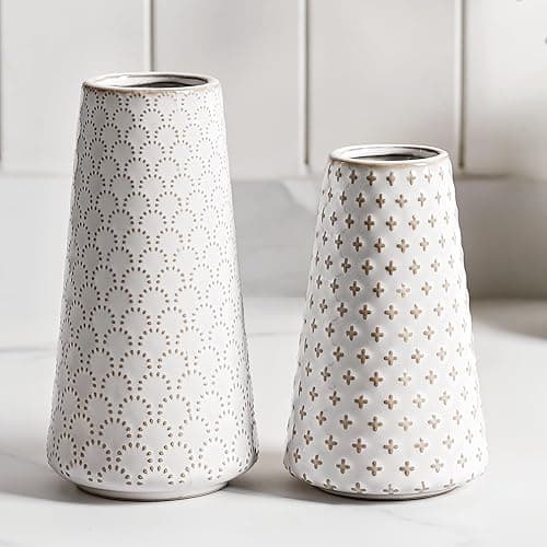 Ceramic Vase for Decor, 6 Inch+7.1 Inch White Flower Vase for Lego Flowers, Tulip and Pampas Grass, Embossed Farmhouse Vases for Centerpieces,Home Living Room Dining Table Office Decor, Arctic White - Image 1