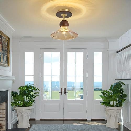 Brown Glass Wood Brass Semi Flush Mount Ceiling Light Vintage Hallway Light Fixture, Mid Century Modern Farmhouse Ceiling Mount Lamp Light Fixture for Bedroom Kitchen Entryway Laundry Room Porch Foyer thumbnail 3