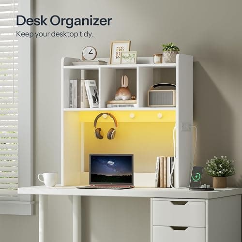 HOOBRO Desktop Bookshelf, Office Desktop Shelf, Desk Hutch with Outlets, Wooden Office Desktop Bookcase, Desktop Organizer Shelf with LED Light Strip and 3 Hooks, for Home, Study, White WT12UDSJ01 thumbnail 3