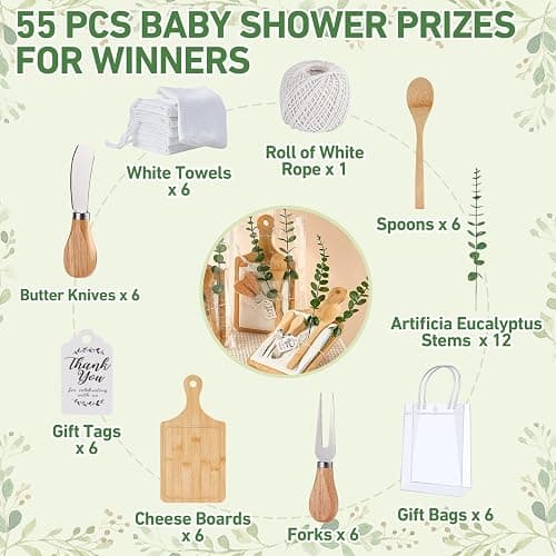 55Pcs Baby Shower Prizes for Game Winners 6 Sets Bamboo Cheese Board Spoon Fork Butter Spreaders Plaid Towel Thank You Card and Gift Bags for Baby Shower Wedding Bridal Shower Favors thumbnail 4