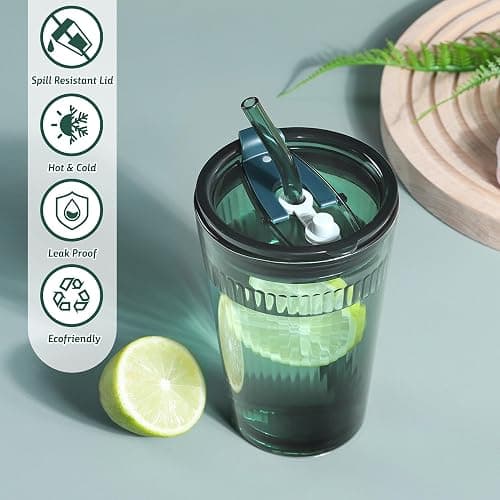 Joeyan Glass Tumbler with Straw and Lid,Green Glasses Water Cup with Straw,Colored Glass Drinking Jars for Juice Beverages Iced Coffee Tea Smoothie Soda Milk,15 oz,Set of 2,Dishwasher Safe thumbnail 4