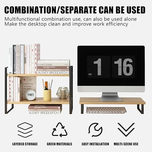 YGYQZ Wood Office Desk Shelf Organizer - Desktop Supplies Cute Dresser Top Organization Storage Rack and Cubicle Decor Aesthetic Bookshelf for Women Man and Kids (Black-Two Tier) - Black-two Tier thumbnail 5