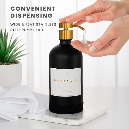 Hand and Dish Soap Dispenser for Kitchen and Bathroom, Set of 2 16 Oz Glass Bottles, Stainless Steel Pumps, Non-Slip Silicone Base, 27 Waterproof Labels (Matte Black Bottle/Brushed Gold Pump) thumbnail 5