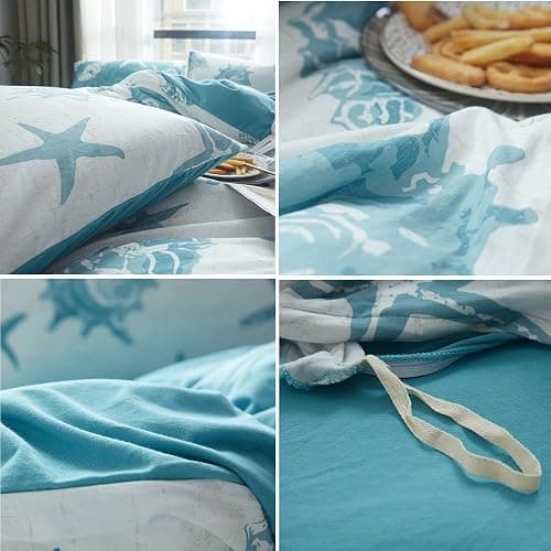 DONEUS Jersey Knit Duvet Cover Set 100% T-Shirt Cotton Super Soft Breathable Comfy Seashells Pattern Bedding Set 3 Piece with Zipper Closure, White Blue King 104x90 Inches thumbnail 7
