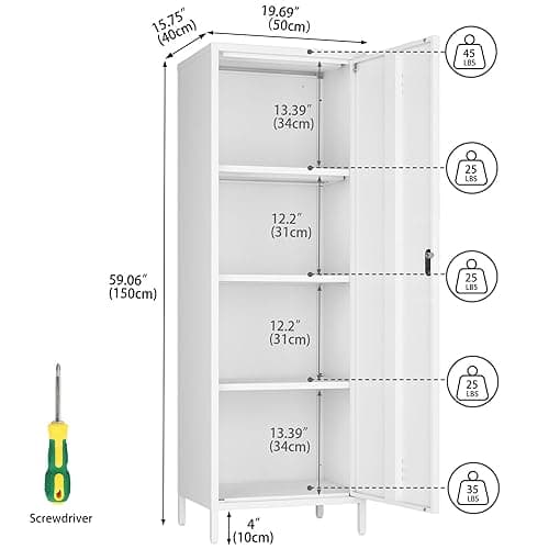 Steehoom Metal Storage Cabinet, Steel File Locker with 3 Shelves 59.06-inch high for School, Living Room, Bedroom, Office (White, H59.06'') thumbnail 4