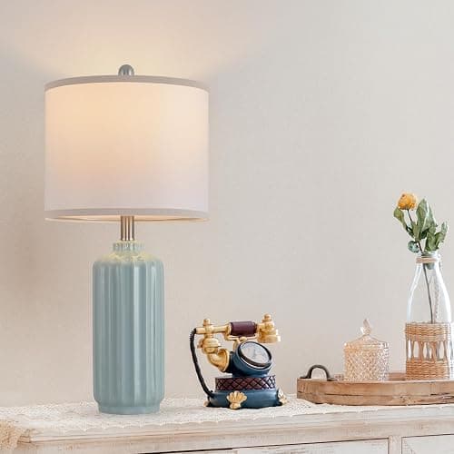 Liyicha Lamp for Living Room Bedroom Lamps Farmhouse Table Lamps Set of 2 Vertical Stripe Ceramic Table Lamp,Linen Shade with Bulb, 25 in High,Light Blue - Light Blue（Set of 2） - 25-inch high thumbnail 2