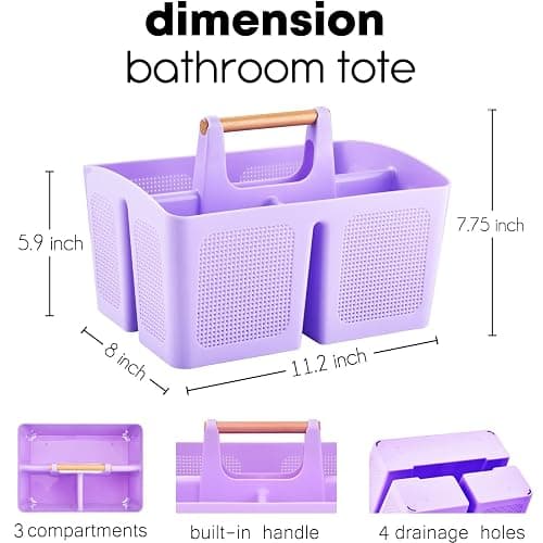 ALINK Portable Shower Caddy Basket with Compartments, Plastic Divided Cleaning Caddy Organizer Storage Tote with Handle for Bathroom, College, Dorm Room Essentials - Purple thumbnail 3