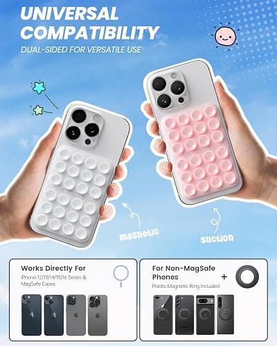2Pack Magnetic Suction Phone Mount for MagSafe Case, Sticky Phone Grip Holder for iPhone, Removable Hands-Free Selfie/Video for TikTok Influencers, Women Girl Teen Gift, Light Pink & Classic White thumbnail 2
