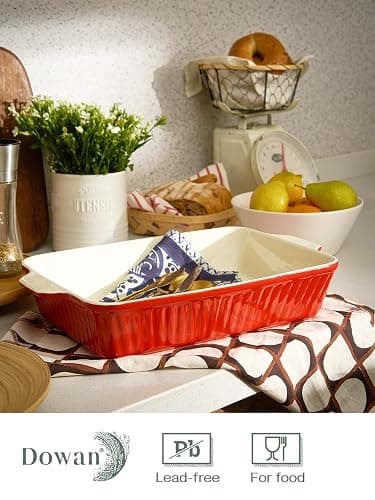 DOWAN 9x13-inch Deep Casserole Baking Dish for Lasagna, 135 oz Ceramic Pan with Handles, Oven Safe for Baking and Home Decor, Red thumbnail 2