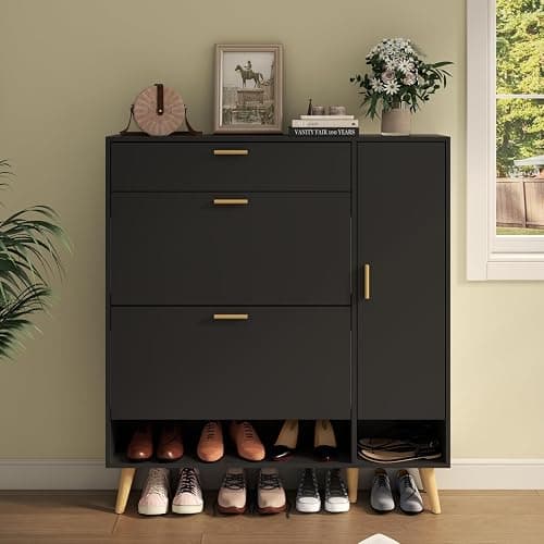 Gyfimoie Shoe Cabinet Storage for Entryway, Slim Shoe Organizer Cabinet 2 Flip Drawer, Narrow Hidden Shoe Storage Side Door Cabinte (Black) thumbnail 6