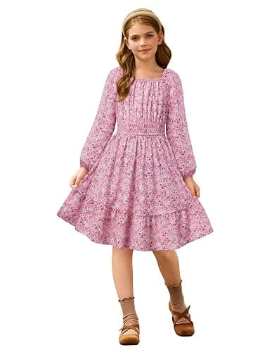 GRACE KARIN Girls Fall Dress Floral Long Sleeve Midi with Smocked Waist for Holiday Party 6-14Y thumbnail 2