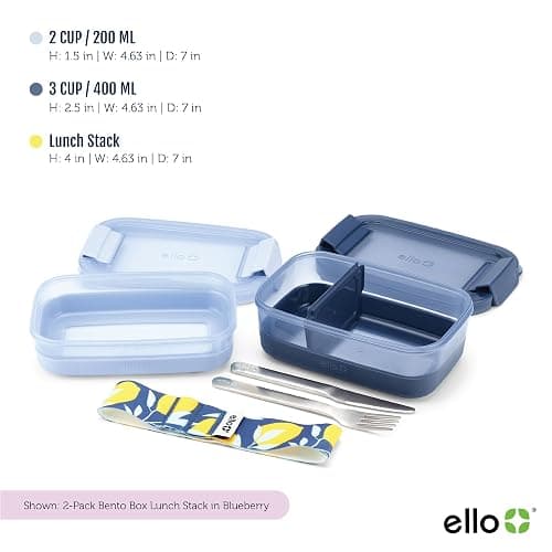 Ello 2-Pack Lunch Stack Plastic Food Storage Container Bento Box with Airtight, Leak-Proof Locking Plastic Lids and Silicone Base, BPA-Free, Freezer, Microwave, and Dishwasher Safe, Blueberry thumbnail 4