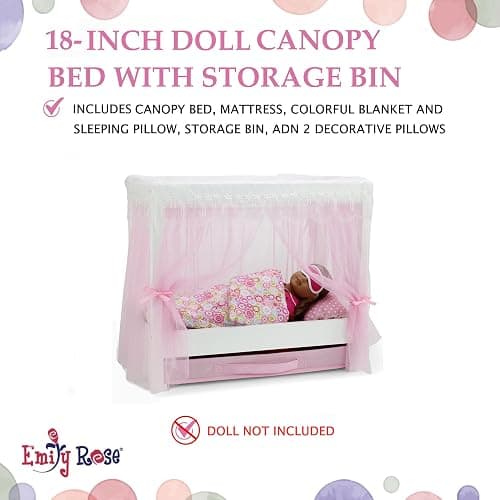 Emily Rose 18" Doll Canopy Bed with 5-Piece Bedding Set and Doll Clothes Clothing Storage Drawer - 18-inch Doll Bedroom Furniture & Accessories | USA Business | Ideal Bed for 14"-19" Dolls thumbnail 5