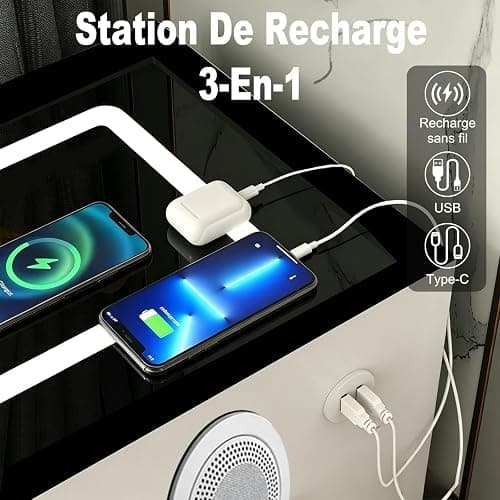 MJKCBD Moderne Coiffeuse avec Miroir à LED & 5 Tiroirs | 100cm Coiffeuse avec Table Transparente Lumineuse, 3 Couleurs, Parleur Bluetooth, Chargement Sans Fil / USB thumbnail 5