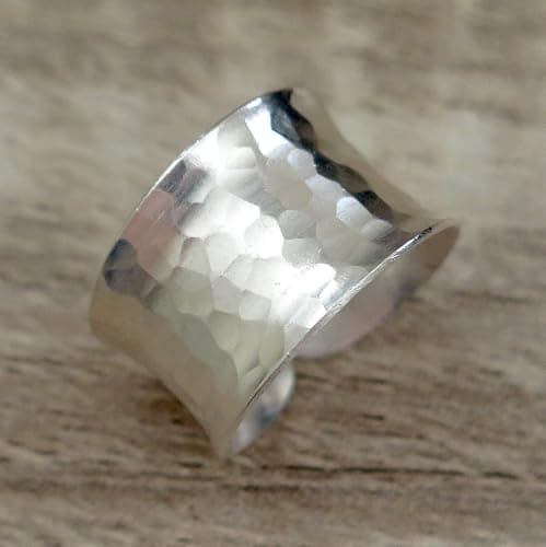 Hammered Sterling Silver Handmade Wide Band Ring, Classic Shiny Finish Wrap Band, Adjustable to Sizes 6-12, Can fit Also as Thumb ring, Gift for Her thumbnail 5