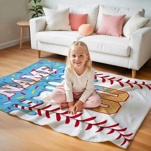 Ice Cream Baseball Blanket for Boys Girls Custom Kids Blanket Gift for Baseball Lovers, Cozy Light Blue Fuzzy Flannel Throw for Living Room Camping Club thumbnail 7