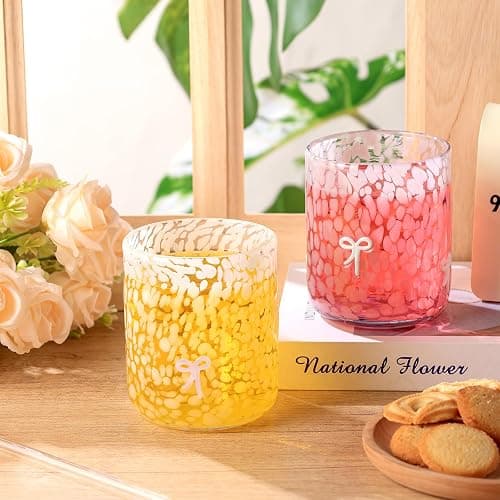 Yoiemivy 2 Pack Bow Icon Juice Glasses Coquette Aesthetic Glass Cups 14 oz Double Old Fashioned Icon Handblown Stemless Wine Glasses Cute Pink Glass Drinking Cups for Party Supplies Gifts thumbnail 5