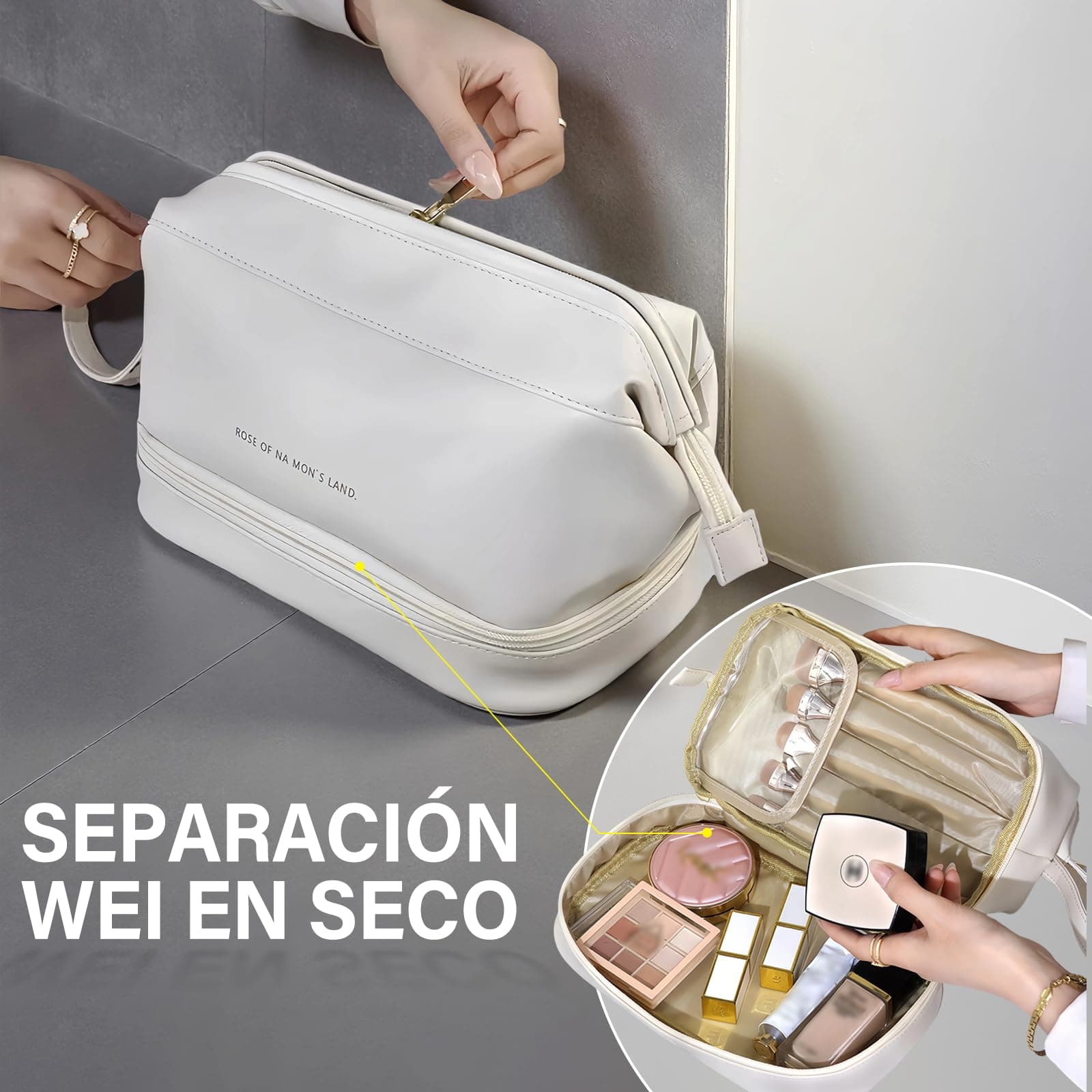 Neceser de Viaje para Hombres y Mujeres, Bolsa Cosmetiquera de Viaje Gran Capacidad, Bolsa de Aseo Impermeable con Asa de Colgar, Bolsa para Maquillaje para Artículos de Tocador y Cosméticos(Blanco) thumbnail 3