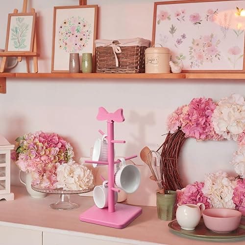 DoubleFill Pink Coffee Cup Holder Bow Mug Tree Pink Kitchen Coffee Bar Accessories Decorative Wooden Cup Holder with 6 Hooks Coquette Mug Rack Stand Cute Decor for Wedding Home Countertop Organizer thumbnail 2