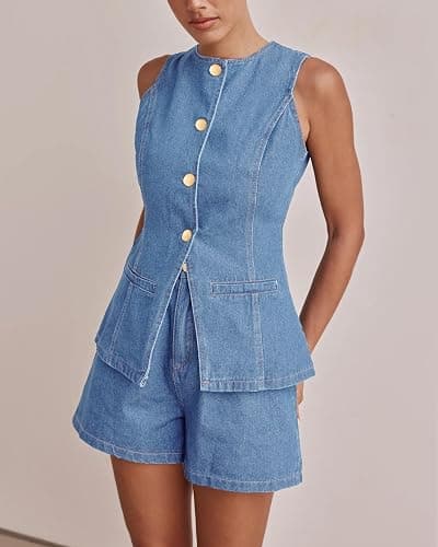 Kedera Women's Button Down Denim Vest Sleeveless Tank Tops Crew Neck Slim Fit Jean Jacket Waistcoat with Pockets thumbnail 5