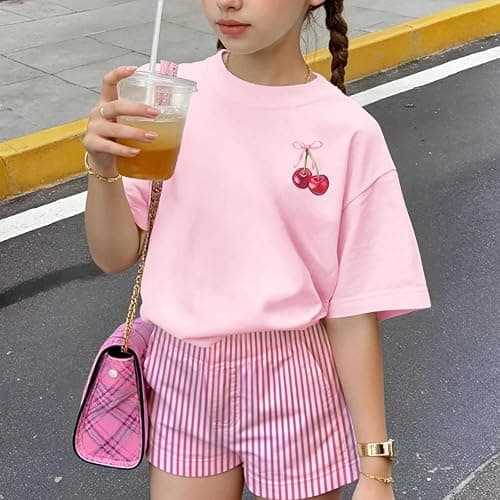 BINTEHGS Girls Cute Graphic Tees Kids Bow Cherry Shirt Aesthetic Short Sleeve T Shirts Casual Summer Crew Neck Top Clothes thumbnail 5