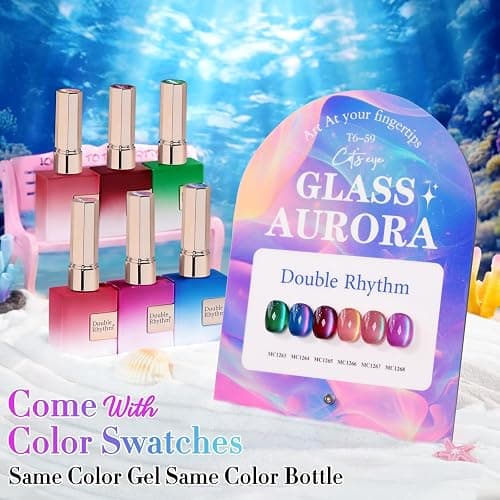 Double Rhythm Cat Eye Gel Nail Polish Set of 6 Same Color Same Bottle 0.5 Oz Shimmer Glitter with Magnet Holographic Reflective Magnetic UV Nail Polish Kit at Home (Glass Galaxy Green-T6-59) thumbnail 2