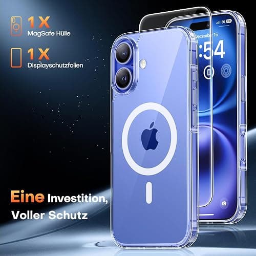 TAURI für iPhone 16 Hülle 6,1" mit Panzer Schutz Glas Folie, Kompatibel mit MagSafe, Schutz nach Militärstandard, [Anti-Vergilbung] Stoßfest Magnetisch Handyhülle - Durchsichtig thumbnail 3