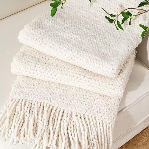 BATTILO HOME White Throw Blanket for Couch, Lightweight Cream Knitted Throw for Sofa Bed Home Decor Textured Soft Cozy Throw with Tassels Suitable All Seasons 50"x60" - Image 1
