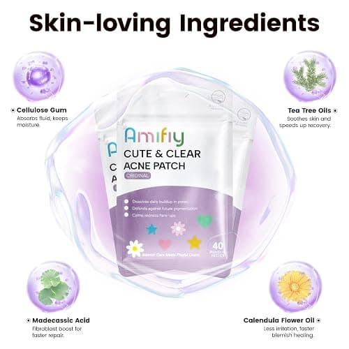 Amifiy Cute Pimple Patches, Korean Skincare Star Acne Patches for Face, Multiple Shapes Oil-Absorbing Zit Dots, Vegan & Cruelty-Free Blemish Treatment with Hydrocolloid & Tea Tree, 40 Count - 40 Patches - Cute and Clear thumbnail 2