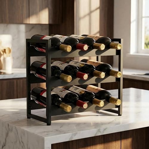 AVLA 12 Bottles Wine Rack Countertop, Freestanding 3-Tier Wine Holder, Liquor Display Storage Organizer Stand, Free Standing Floor Wine Cabinet Shelf for Kitchen Wine Cellar Tabletop Bar Dining Room thumbnail 2