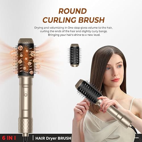 Airstyler Set 6 in 1 Haartrockner Hairstyler,1000W Warmluftbürste, 30mm Air Curling,Abnehmbar,3 Temperatur und Windgeschwindigkeit,Rundbürstenföhn zum Trocknen,Locken und Straighthen der Haare-GOLD thumbnail 7