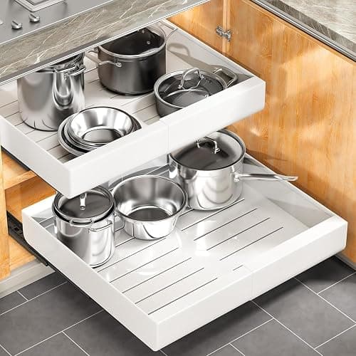 Pull out Cabinet Organizer, 2-pack, Expandable(12"-20") Heavy Duty Slide out Drawers Fixed with Adhesive Nano Film for Pots, Roll out Shelf Storage for Kitchen Base Cabinet Organization(3 Rails) - Image 1