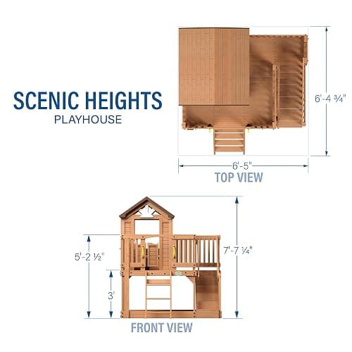 Backyard Discovery Scenic Heights Elevated Cedar Wooden Kids Playhouse with Play Kitchen, Wrap-Around Deck, Toy Storage Bench, Saloon-Style Doors, Ladder, Stairs, and Growth Chart for Outdoor Play thumbnail 3