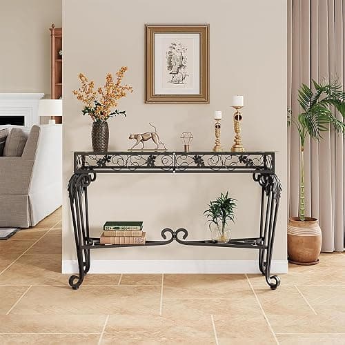 HavenlyYouth Console Table 47.2", Tempered Glass Sofa Tables, Vintage Entryway Table with Metal Frame, Console Tables for Living Room, Entrance, Foyer, Adjustable Feet (Black) thumbnail 2