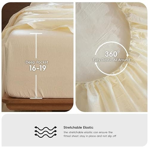 MooMee Bedding Sheet Set 100% Washed Cotton Linen Like Textured Breathable Durable Soft Comfy (Solid Cream White, California King) thumbnail 6