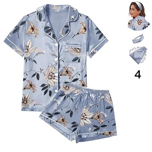 WJing Yi Jia 4Pcs Womens Satin Silky Pajama Sets Short Sleeve Shirt XS-4XL Floral Pajamas Set Soft PJ Loungewear Sleepwear thumbnail 6