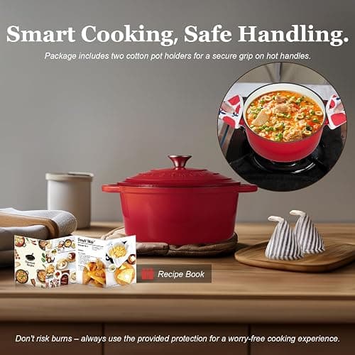 Overmont 5.5QT Enameled Cast Iron Dutch Oven with Lid Cookbook Heavy-Duty Casserole with Dual handles for Braising, Stews, Roasting, Bread Baking thumbnail 5
