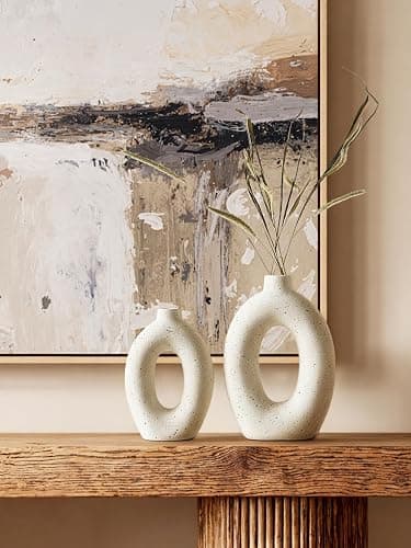 LE TAUCI Ceramic Vases Set of 2, Cream Hollow Donut Flower Vases, Nordic Boho Decor Decorative Centerpiece for Living Room, Table, Shelf, Mantel, Warm Ivory Speckled (H10.5”xW8.5”) thumbnail 3