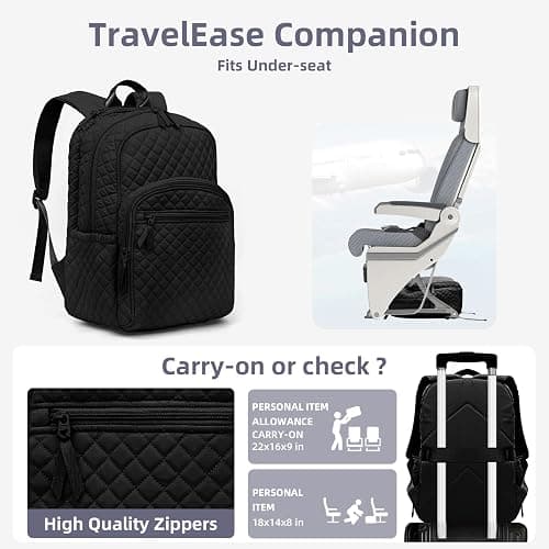 RosaRubus Backpack for Women,College Backpack,Quilted Casual Daypack,Waterproof Bookbag for 15.6Inch Laptop (Black) thumbnail 7