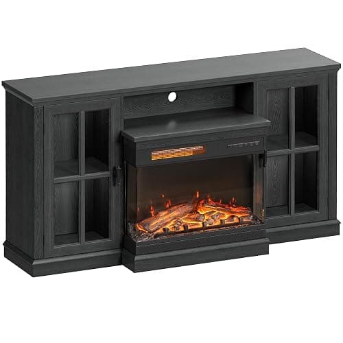 JUMMICO Fireplace TV Stand for TVs up to 65'', 3-Sided Glass Media Entertainment Center Console Table with Cabniet Storage Adjustable Flame LED Color for Living Room (Black) thumbnail 7