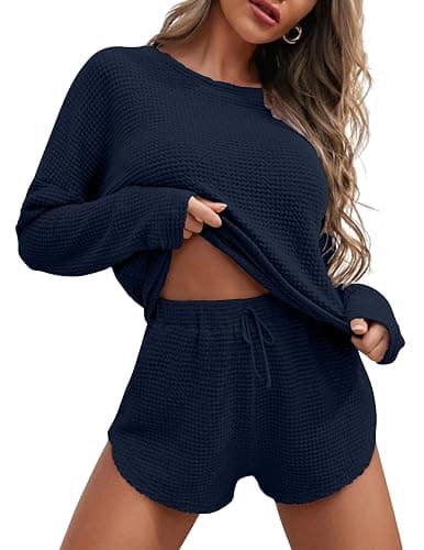 Ekouaer Womens Waffle Knit Pajama Sets Long Sleeve Top and Shorts Matching Lounge Set Loungewear Sweatsuit with Pockets - Image 1