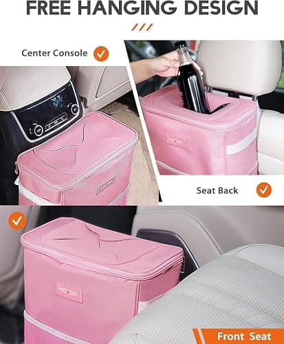 HOTOR Car Trash Can with Lid and Storage Pockets - 100% Leak-Proof Organizer, Waterproof Garbage Can, Multipurpose Trash Bin for Car, 2 Gallons, Pink thumbnail 7