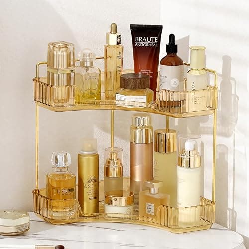 INVSSENE Corner Bathroom Countertop Organizer, Vanity Trays for Counter, Makeup Organizers, Perfume Tray, Kitchen Spice Rack, (Yellow, 2 Tiers) - Yellow - 13.6" x 10" x 15.1" - Image 1