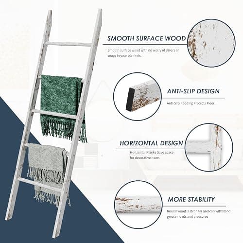 Delywh 5-Tier Blanket Ladder Wooden, 5.3FT(63'') Blanket Quilt Holder Rack Decorative Ladder, Easy Assembly, Rustic Farmhouse Ladder Shelf for The Living Room Bedroom Bathroom Home Decor, White Wash thumbnail 4