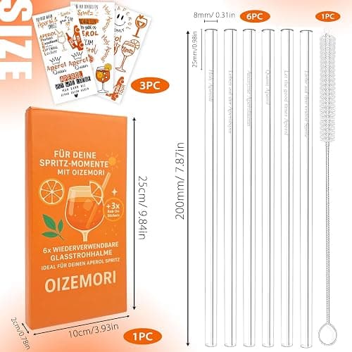 6 Stück 20cm Glasstrohhalme Aperol Spritz, Wiederverwendbar Glas Strohhalm Aperol Spritz Geschenkset mit Reinigungsbürste und 3 Rub On Sticker, für Cocktails, Smoothie und Säfte thumbnail 3