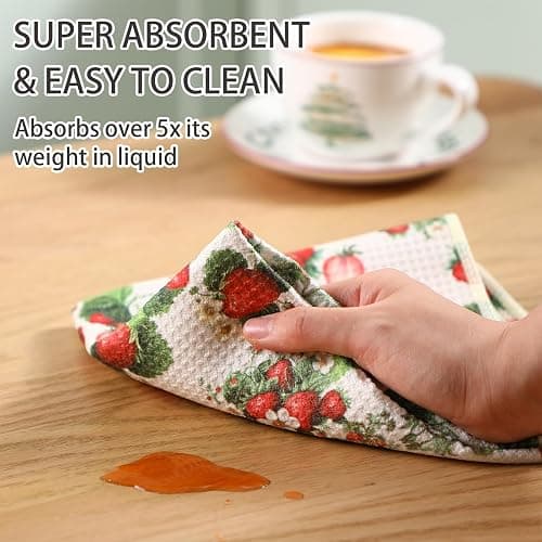 VitalCozy 4 Pcs Strawberry Waffle Kitchen Towel Red Fruit Dish Towels | Kitchen Vintage Cloth, 18 x 28 Inch, Highly Absorbent Reusable Hand Tea Towel, Farmhouse Cooking Baking Cleaning Wipe Decor thumbnail 4