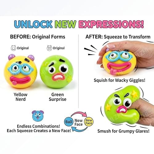 NEW Smushers Squishy, Cute Easy Squeezy Funny Face Squishy Stress Balls, Stress Relief Desk Accessory for Adults (Purple+Green) thumbnail 3