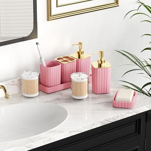 XLHOMO Pink Bathroom Accessories Set - Gorgeous Bathroom Set, 10PC Bathroom Accessory Set, Toilet Brush, Trash Can, Qtip Holder & Soap Dispenser thumbnail 4