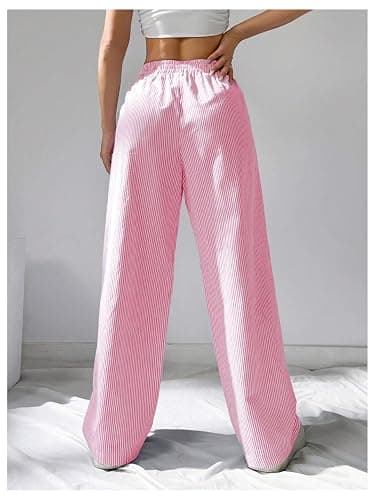 WDIRARA Women's Striped Print Straight Leg Pants Elastic Waist Casual Trousers with Pockets thumbnail 2